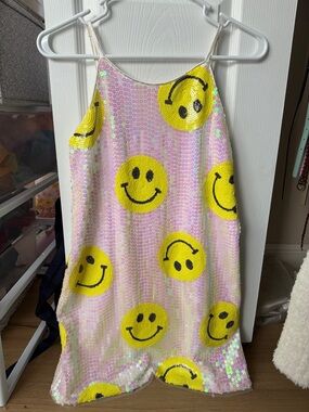 Lola + The Boys Pink Sequin Dress with Yellow Smiley Faces